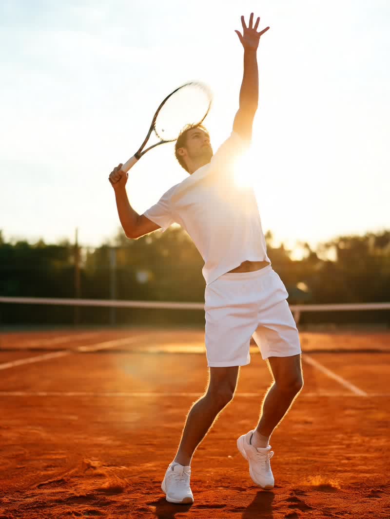 Player executing a serve at full extension, motion blur on racket, sun behind