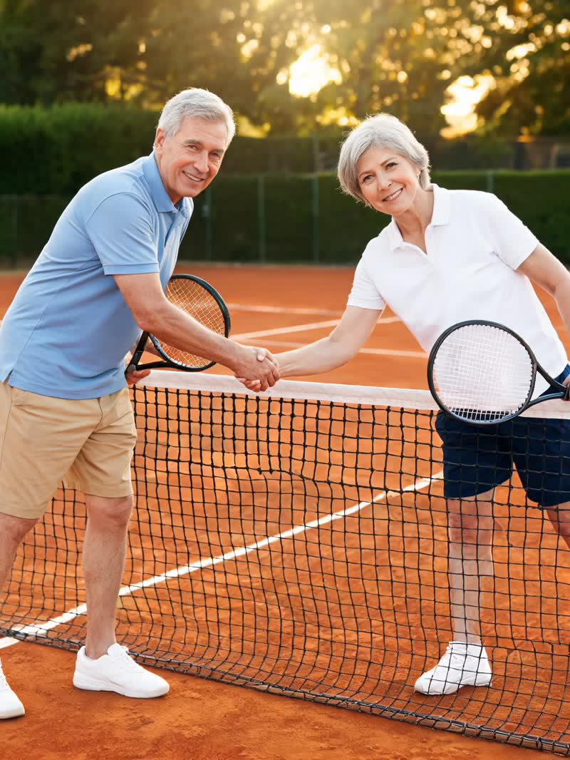 Two senior players shaking hands over the net, smiling