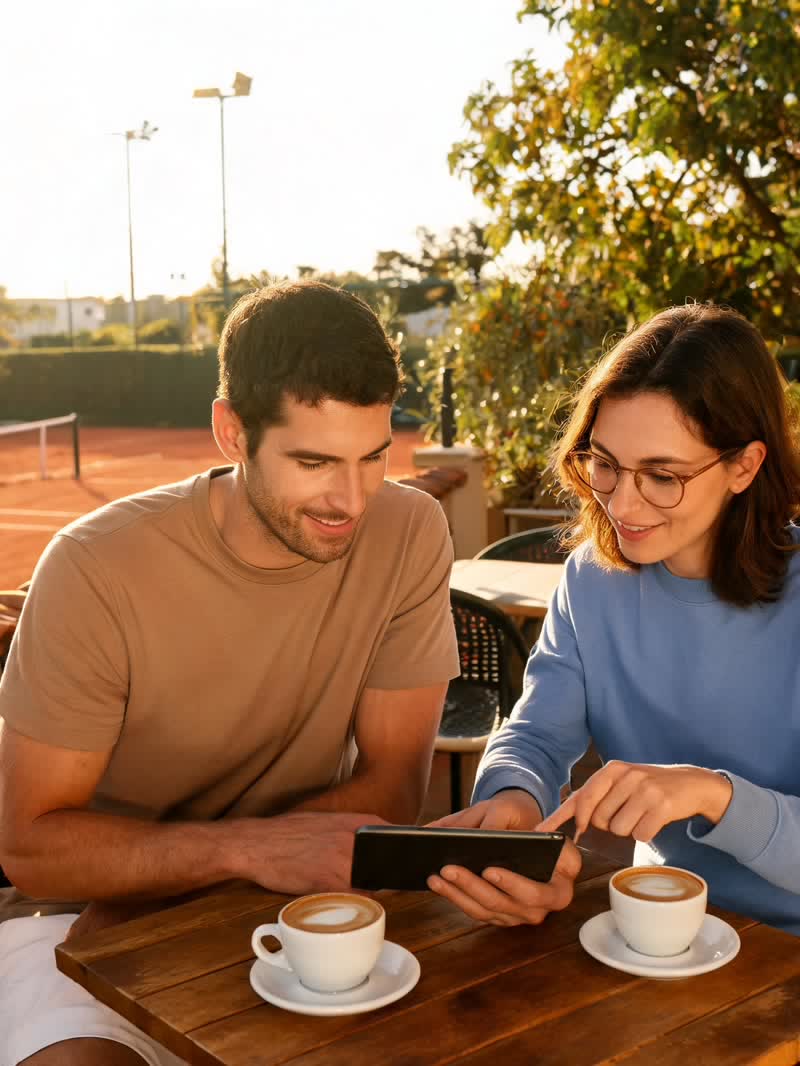 Player reviewing tablet with language teacher nearby